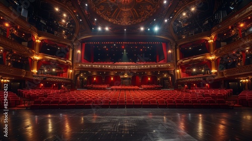 A theater stage captured from the balcony shows the grand, empty space with intricate architectural details and rows of plush red seats leading up to the stage, highlighting the theater's grandeur. photo