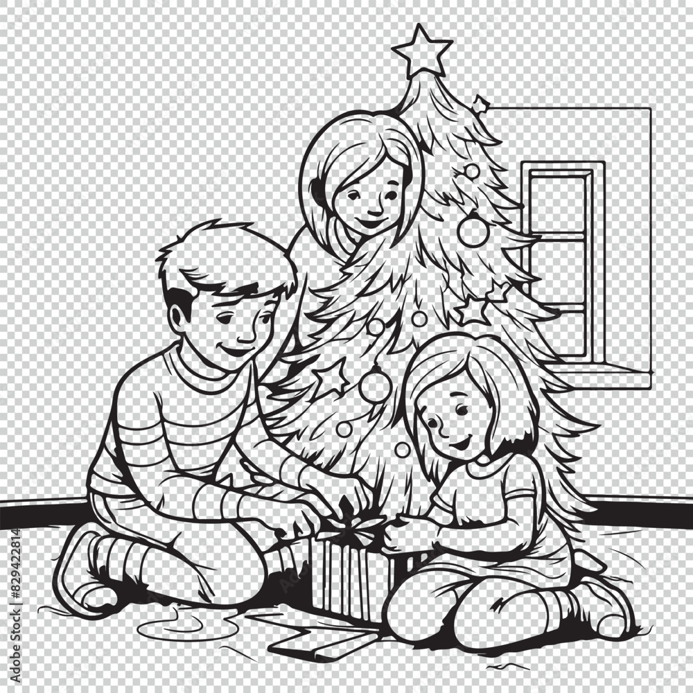 Family at christmas eve, black vector illustration for kids coloring book on transparent background Family at christmas eve, black vector illustration for kids coloring book on transparent background