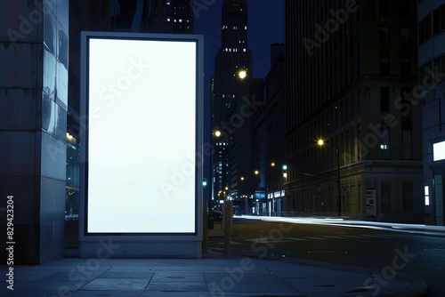 Illuminated White Vertical Billboard in Empty City Street at Night