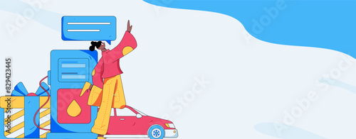 Vector Internet operation hand-drawn illustration of people getting discounts for refueling their cars
