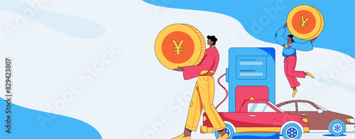 Vector Internet operation hand-drawn illustration of people getting discounts for refueling their cars

