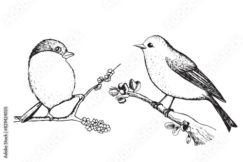 Coloring book happy birds for kids. Funny birds, flowers, leaves and berries. Flat vector illustration with cartoon bird silhouette. Cute characters. Minimalist poster design