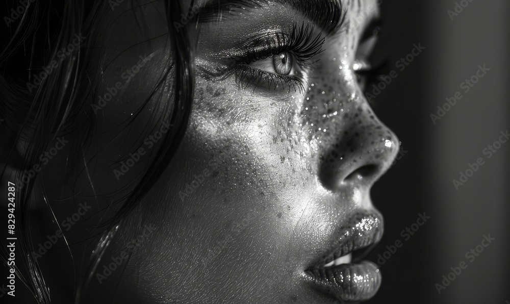 beautiful woman, side face, long eyelashes, shiny lips, black and white created with Generative AI technology