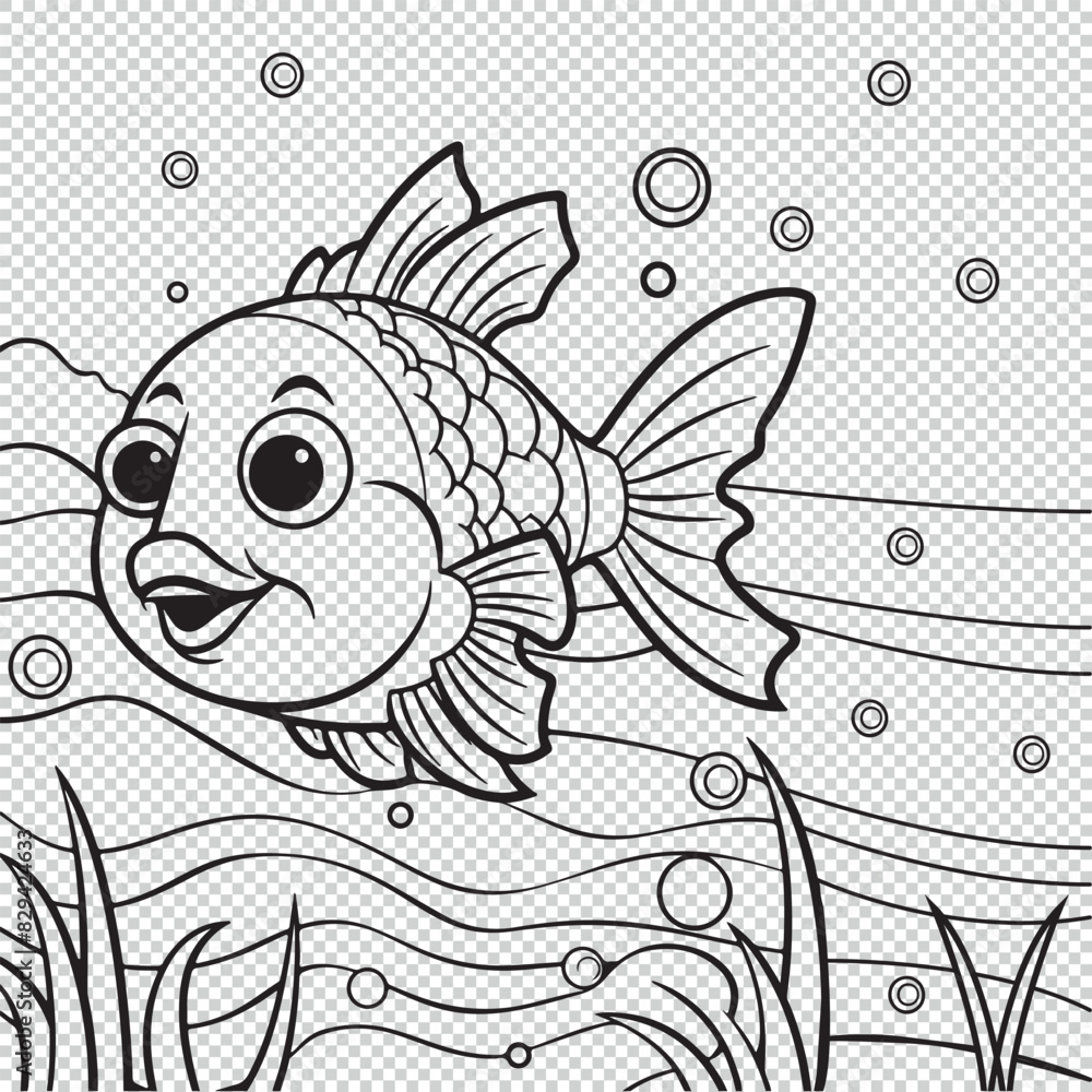Fototapeta premium Cute fish cartoon mascot, black vector illustration on transparent background