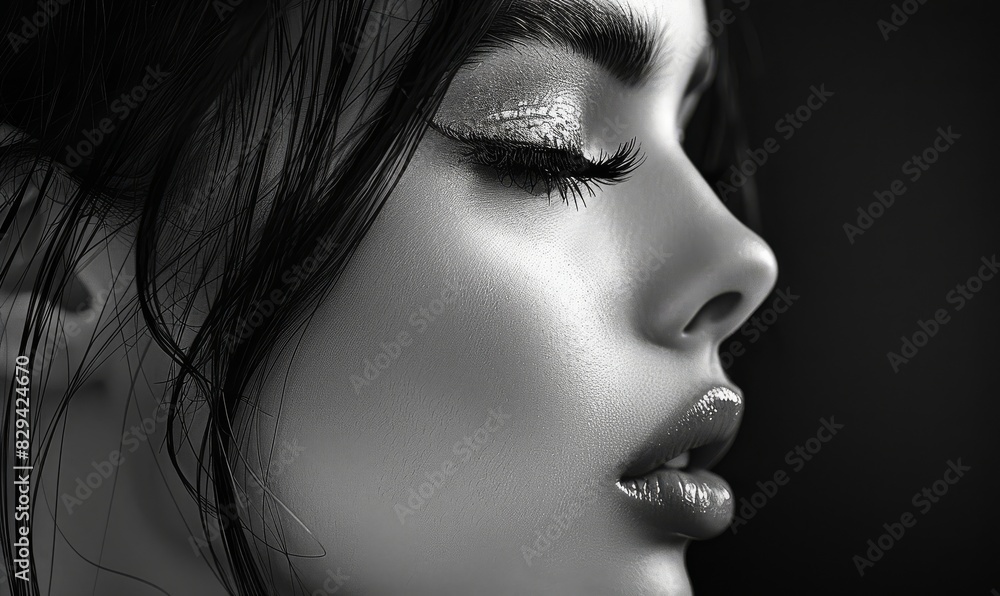 beautiful woman, side face, long eyelashes, shiny lips, black and white created with Generative AI technology beautiful woman, side face, long eyelashes, shiny lips, black and white created with Generative AI technology
