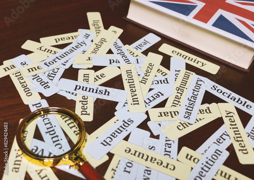 English vocabulary cards on wooden table