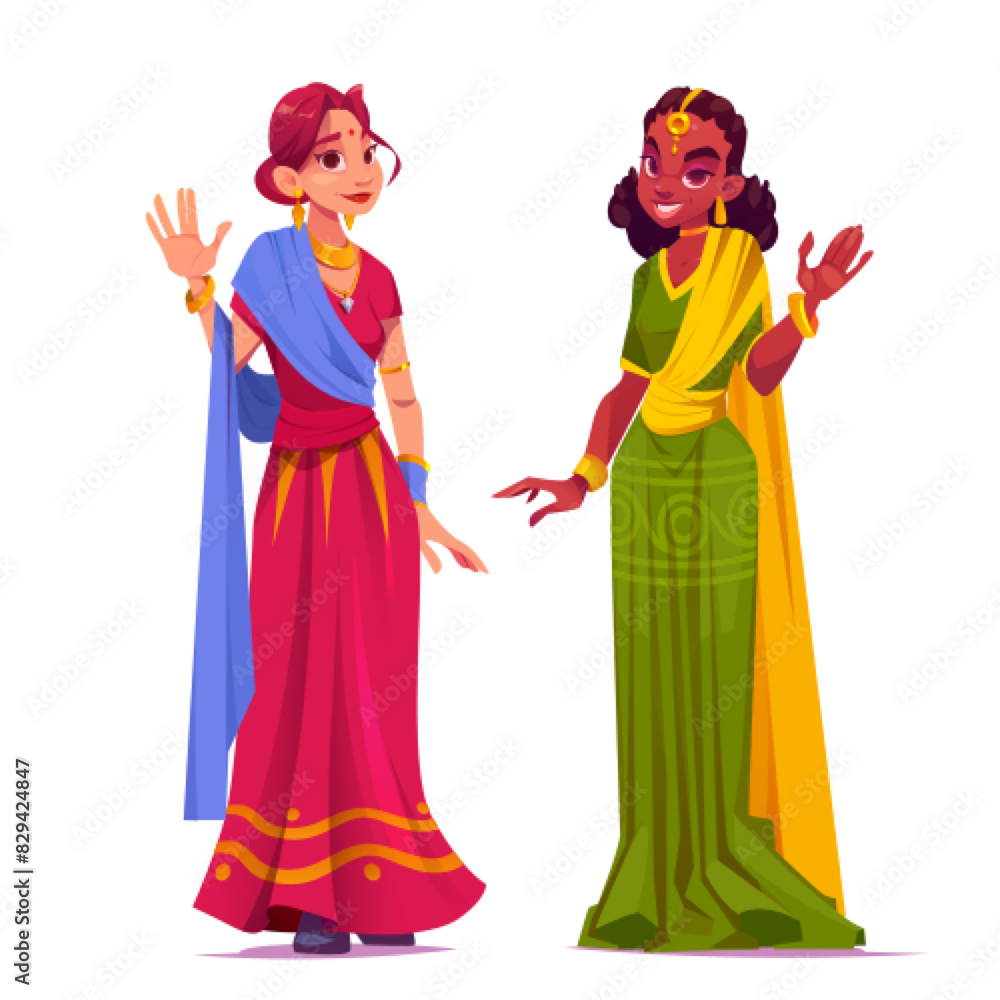 Fototapeta premium Young woman in traditional Indian saree standing and waving hand. Cartoon vector set of female smiling lady character wearing red and blue, green and yellow ethnic Asian clothes and accessories.