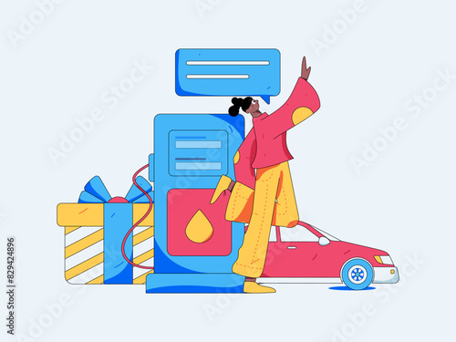 Vector Internet operation hand-drawn illustration of people getting discounts for refueling their cars
