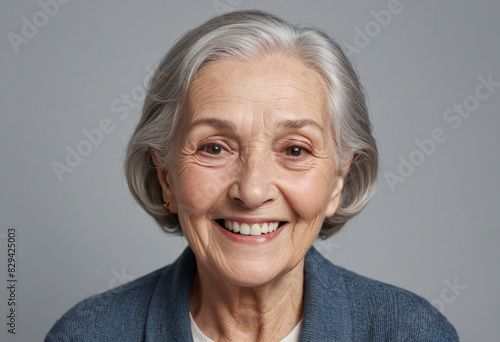 portrait view of a regular happy smiling old woman , ultra realistic, candid, social media, avatar image, plain solid background