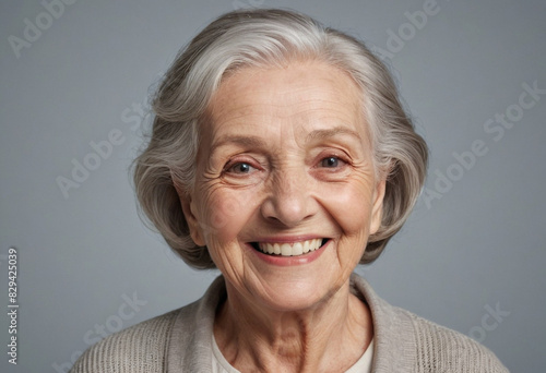 portrait view of a regular happy smiling old woman , ultra realistic, candid, social media, avatar image, plain solid background © jarntag