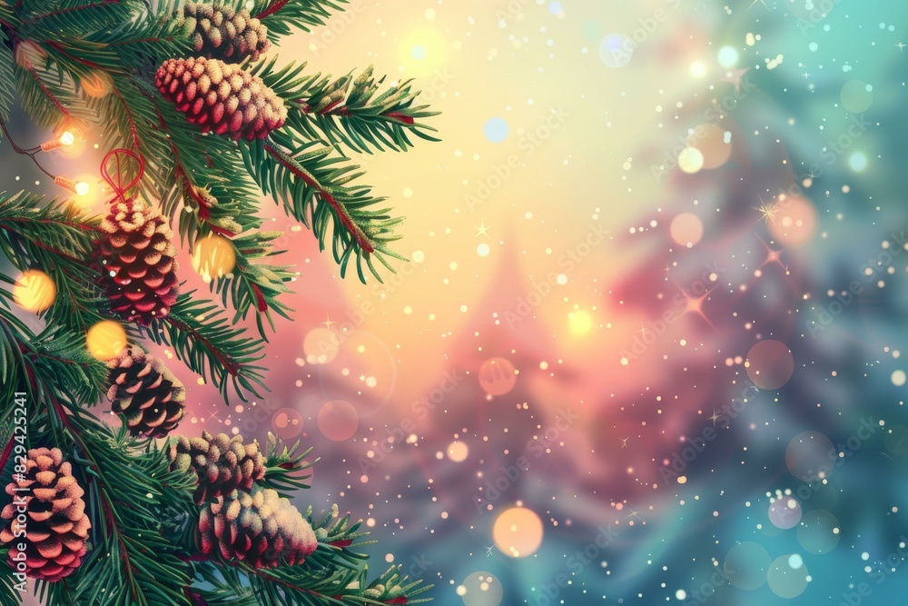 Festive Pine Cones and Branches with Bokeh Background