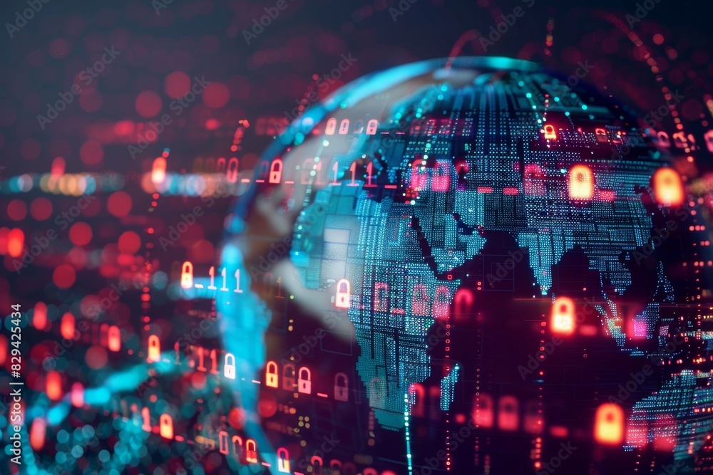 A concept image of a globe surrounded by digital padlocks and binary code, representing global cyber security A concept image of a globe surrounded by digital padlocks and binary code, representing global cyber security