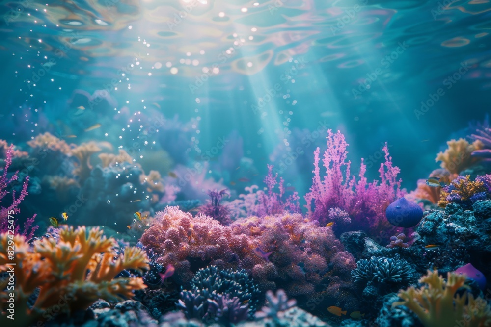A coral reef at dawn, with the light creating a mystical underwater atmosphere A coral reef at dawn, with the light creating a mystical underwater atmosphere