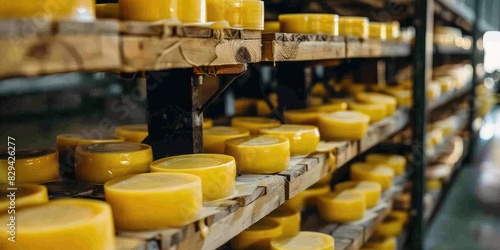 Rows of cheese wheels on wooden shelves