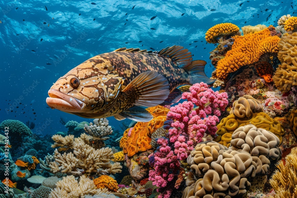 A dynamic coral reef scene with a large grouper swimming through the vibrant corals A dynamic coral reef scene with a large grouper swimming through the vibrant corals