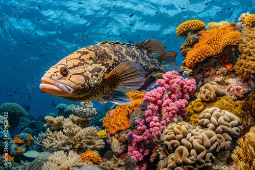 Fototapeta Naklejka Na Ścianę i Meble -  A dynamic coral reef scene with a large grouper swimming through the vibrant corals