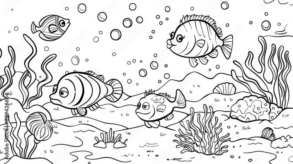 Fototapeta premium A playful black and white illustration of fish and sea life in a cartoon style, ideal for children's books