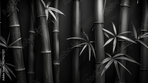  A monochrome image of a lined-up bamboo grove, its tallest tree crowned with a solitary green leaf