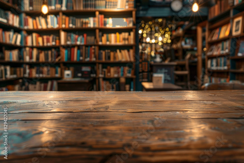 A wooden counter in the foreground with a blurred background of a vintage bookstore. The background includes tall bookshelves filled with old books, and comfortable reading nooks.