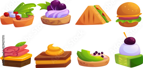 Buffet food appetizer and cold snack - canape and sandwich, bruschetta and burger. Cartoon vector illustration set little meals for banquet with bread and cheese, olive and cucumber, ham and vegetable