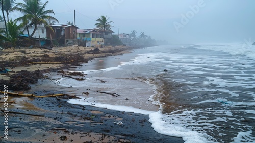 A devastated coastal area with oil-drenched vegetation, dead fish on the shore, and polluted water waves crashing photo