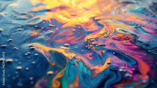 Macro view of an oil spill on a calm water surface, featuring iridescent colors and intricate swirls that capture the viewer's attention photo
