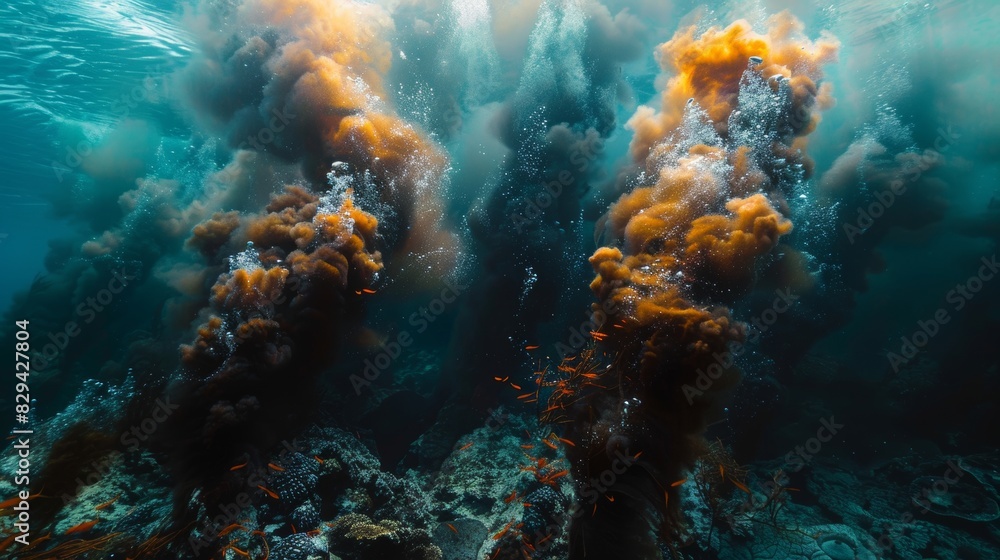 Obraz premium Oil spill impact on a coral reef, with corals coated in oil, dying marine species, and dark plumes in the water