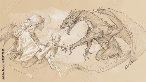 Biblical Illustration: Woman and the Dragon, Spiritual Warfare, Birth and Threat, Child Caught Up to God, Beige Background, Copyspace