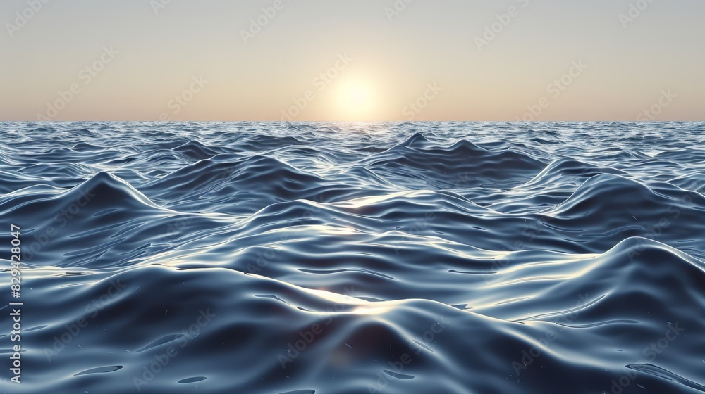 A large body of water with waves in the foreground and a distant, bright sun over the horizon, framed by a hazy foreground sky A large body of water with waves in the foreground and a distant, bright sun over the horizon, framed by a hazy foreground sky