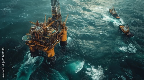 Top view of a massive oil rig in the middle of a vast ocean, waves crashing against its pillars, with helicopters and supply ships nearby