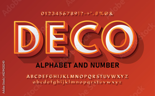 Modern orange deco 3d alphabet with a thin outline. Chic retro 3D font with signs, symbols and numbers.