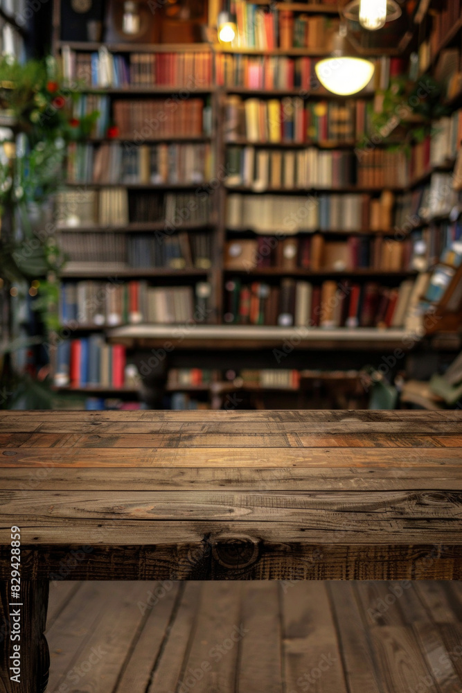 A wooden counter in the foreground with a blurred background of a vintage bookstore. The background includes tall bookshelves filled with old books, and comfortable reading nooks.