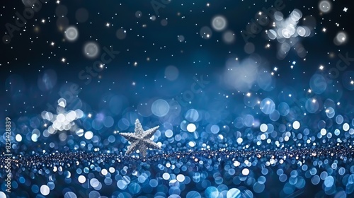  A star floats in the midst of a blue backdrop, adorned with stars scattered in the foreground The stars in the image are slightly blurred behind, creating a soft, photo