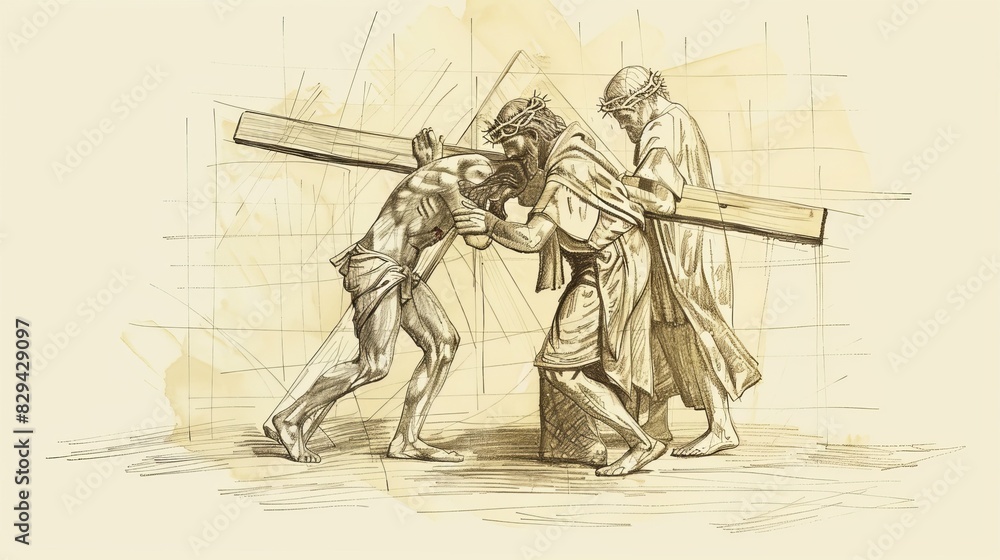 Obraz premium Biblical Illustration: The Way of the Cross, Jesus Carrying His Cross to Golgotha, Simon of Cyrene Helping, Beige Background, Copyspace