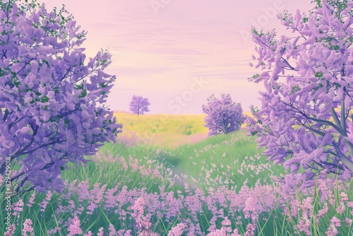 Tree in Lavender Field at Sunset, Valensole Plateau, Alpes-de-Haute-Provence, Provence-Alpes-Cote d´Azur, Provence, France. Beautiful simple AI generated image in 4K, unique. photo