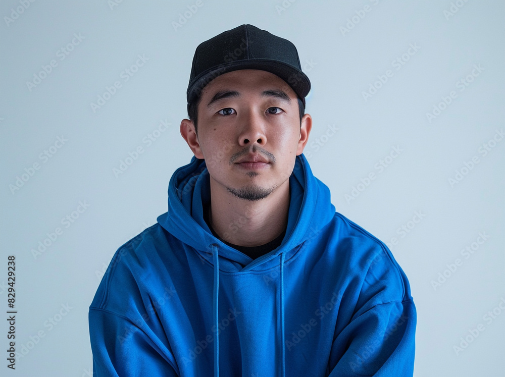 Photo of an Asian man wearing a blue hoodie and black baseball cap, front view, white background, half body shot, soft light, 35mm focal length, portrait photography, simple composition, natural style Photo of an Asian man wearing a blue hoodie and black baseball cap, front view, white background, half body shot, soft light, 35mm focal length, portrait photography, simple composition, natural style
