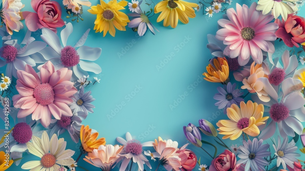 Colorful pop-art floral arrangement with various flowers on blue background