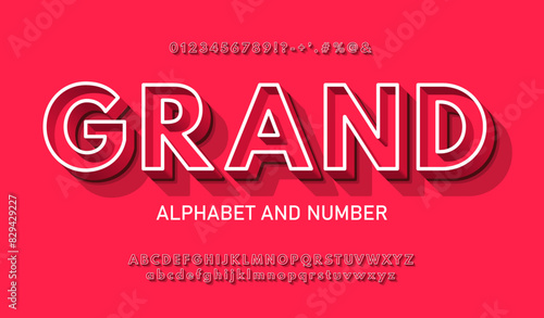 Modern red volumetric 3d alphabet with a thin white outline. Chic urban 3D font with signs, symbols and numbers.