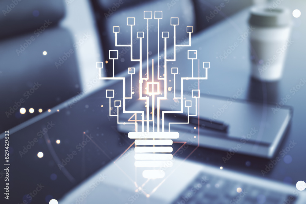 Creative idea concept with light bulb and microcircuit illustration on modern laptop background. Neural networks and machine learning concept. Multiexposure Creative idea concept with light bulb and microcircuit illustration on modern laptop background. Neural networks and machine learning concept. Multiexposure