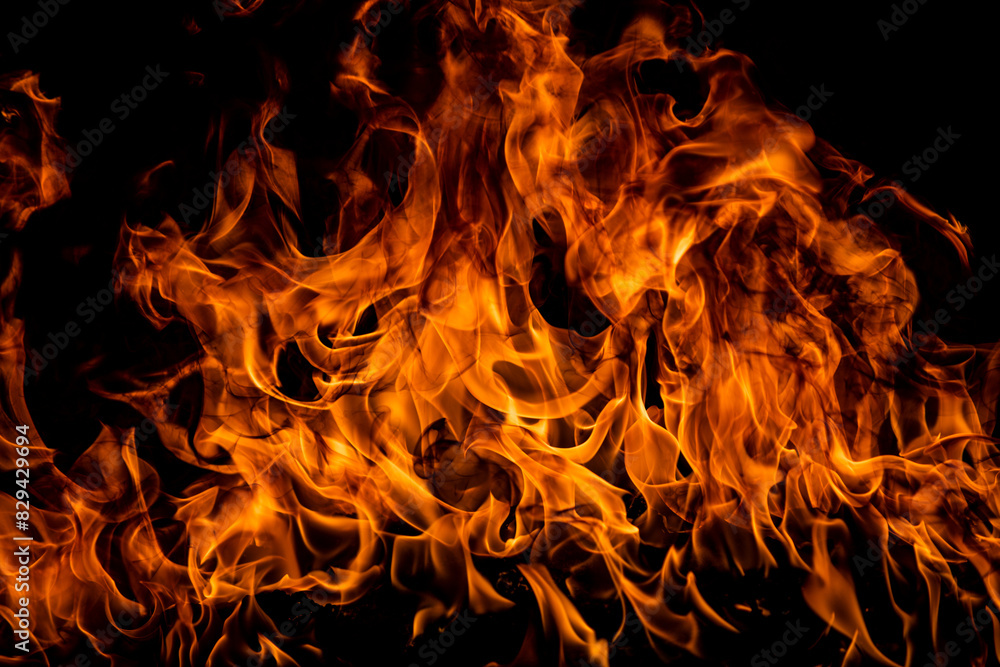 Texture of fire on a black background. Abstract fire flame background, large burning fire. Texture of fire on a black background. Abstract fire flame background, large burning fire.