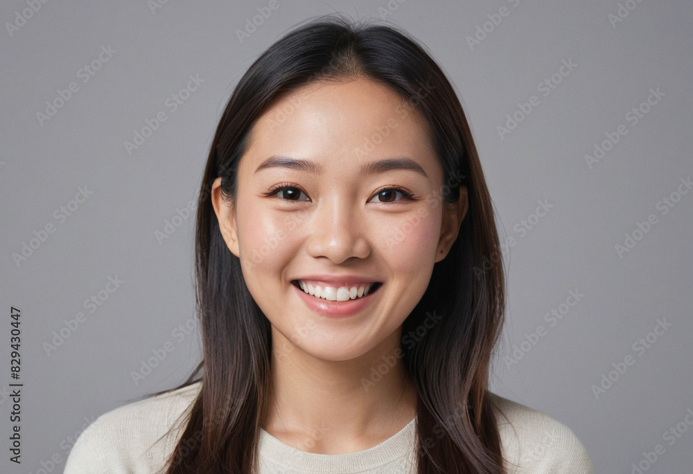 portrait view of a regular happy smiling Asian woman , ultra realistic, candid, social media, avatar image, plain solid background portrait view of a regular happy smiling Asian woman , ultra realistic, candid, social media, avatar image, plain solid background