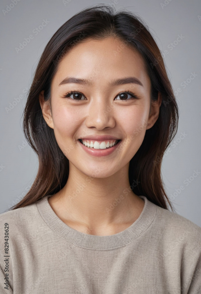 portrait view of a regular happy smiling Asian woman , ultra realistic, candid, social media, avatar image, plain solid background portrait view of a regular happy smiling Asian woman , ultra realistic, candid, social media, avatar image, plain solid background