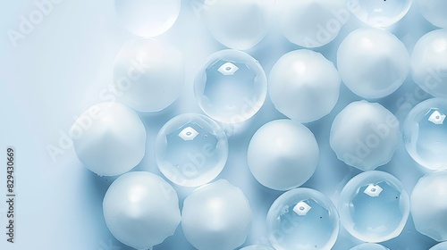  A group of white balls sits atop a blue table On one ball, a black-and-white bird perches Another ball holds a black bird