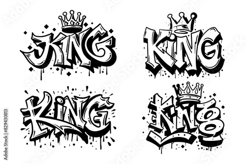 word KING with crown, graffiti art isolated on white background.