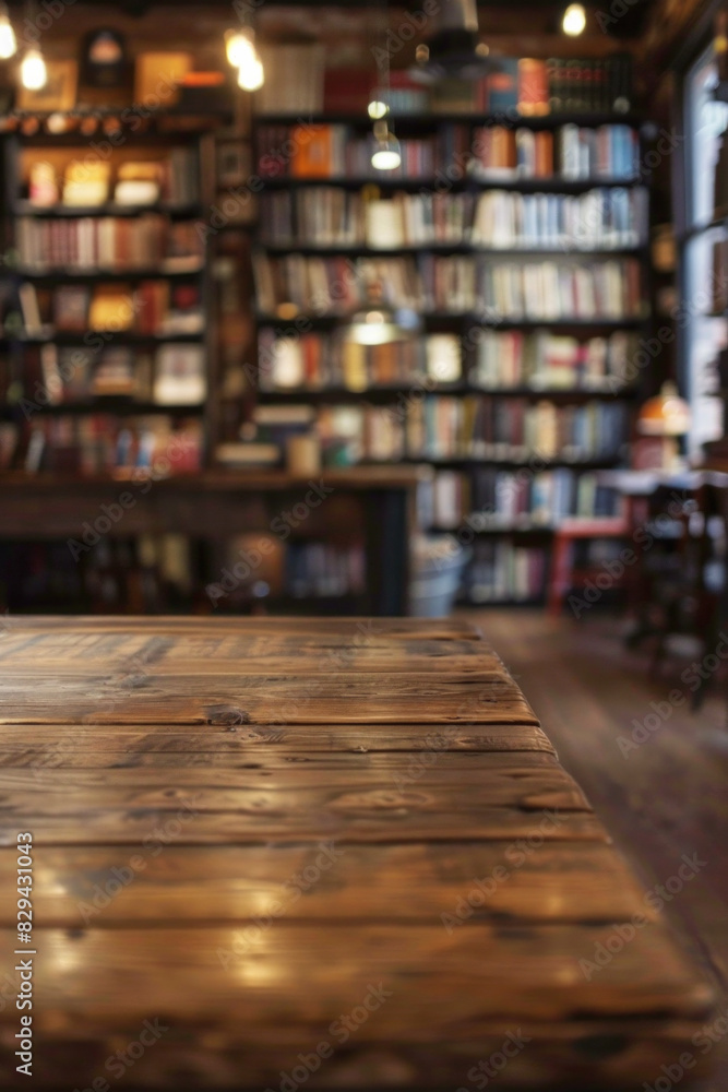A wooden counter in the foreground with a blurred background of a vintage bookstore. The background includes tall bookshelves filled with old books, and comfortable reading nooks. A wooden counter in the foreground with a blurred background of a vintage bookstore. The background includes tall bookshelves filled with old books, and comfortable reading nooks.