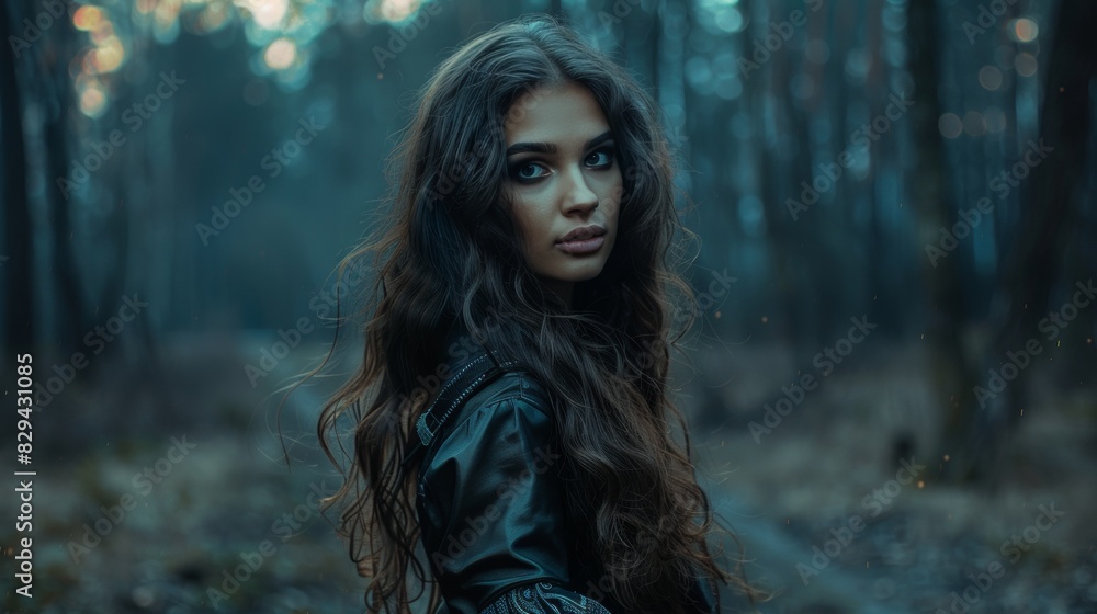 A beautiful woman with wild, wavy hair, wearing a black leather outfit and flowing gypsy skirt, standing in a moonlit forest, ai generated