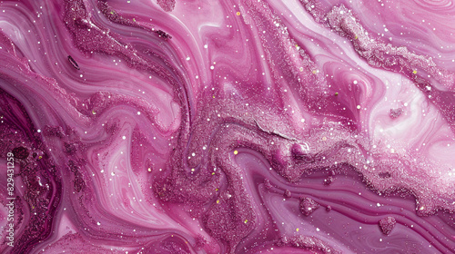 A close-up view of a marble ink background with sparkling magenta glitter particles.