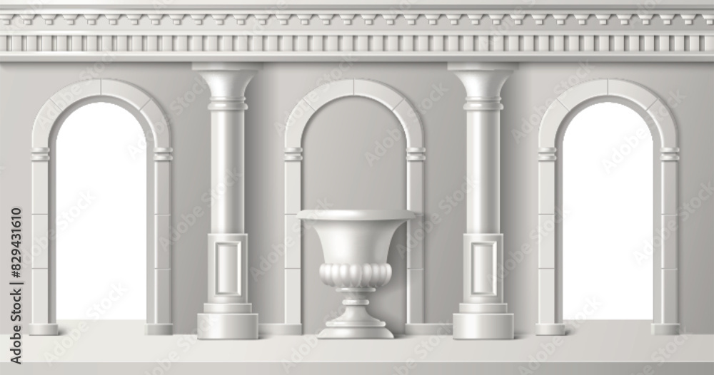 Room or hall interior with white stone ancient roman column arch entrance door and decorative vase. Realistic 3d vector illustration antique greek marble temple building inside with baroque sculpture.