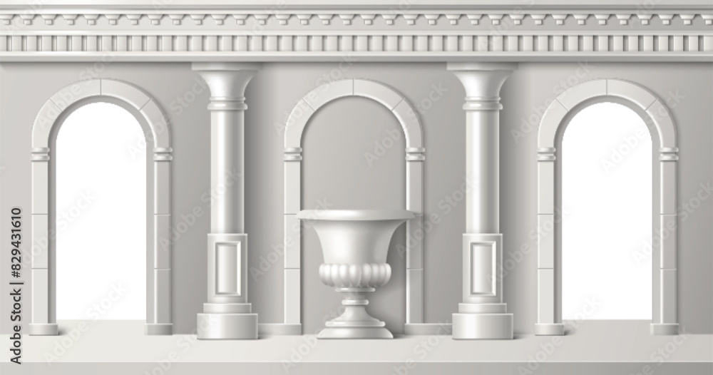 Room or hall interior with white stone ancient roman column arch entrance door and decorative vase. Realistic 3d vector illustration antique greek marble temple building inside with baroque sculpture. Room or hall interior with white stone ancient roman column arch entrance door and decorative vase. Realistic 3d vector illustration antique greek marble temple building inside with baroque sculpture.