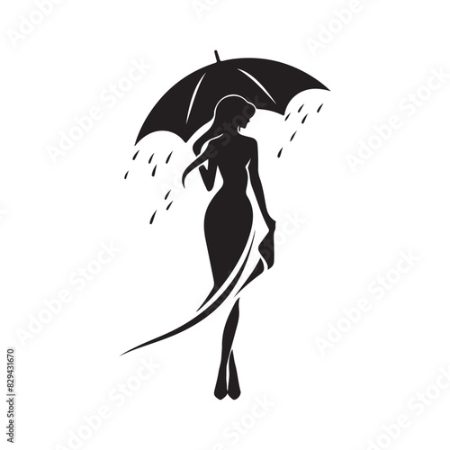 Silhouette of Beautiful Girl with Umbrella Stock Vector isolated on white